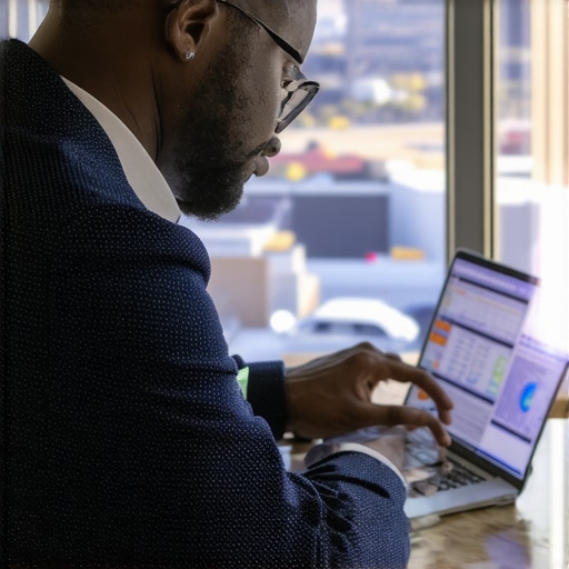A digital marketer analyzing local SEO metrics with Wichita cityscape in background