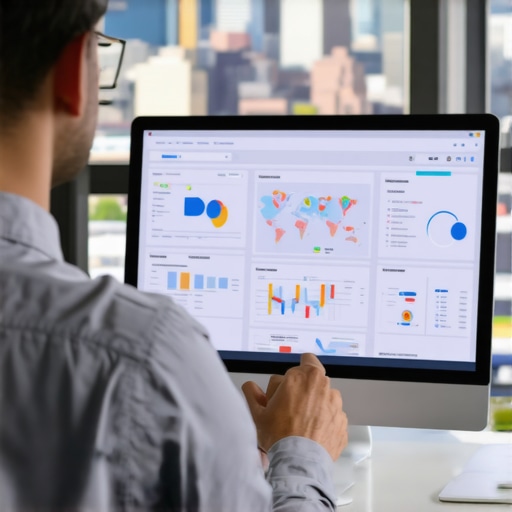 A professional reviewing SEO performance analytics on a computer with Wichita cityscape background.