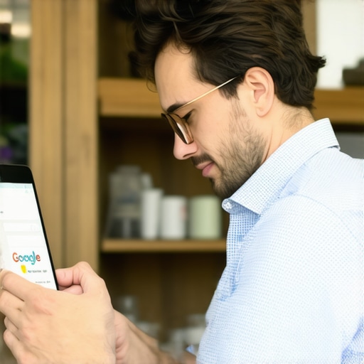 Business owner updating Google profile on a digital device with Wichita storefront in background.