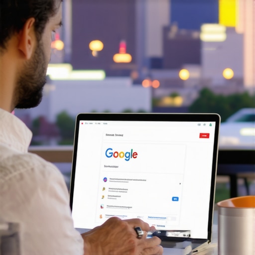 Wichita business owner updating Google Profile on laptop with Wichita cityscape