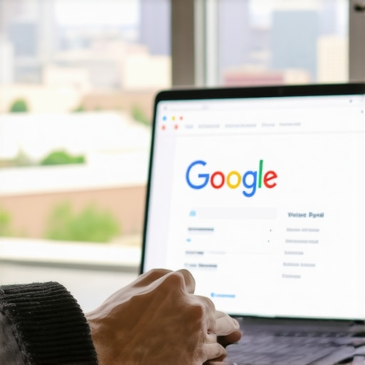 Person editing Wichita business profile on computer, cityscape background.
