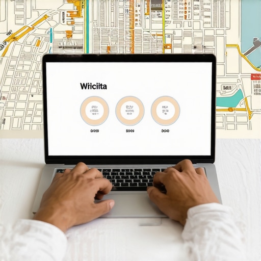 Person reviewing SEO analytics against Wichita city map on laptop screen.