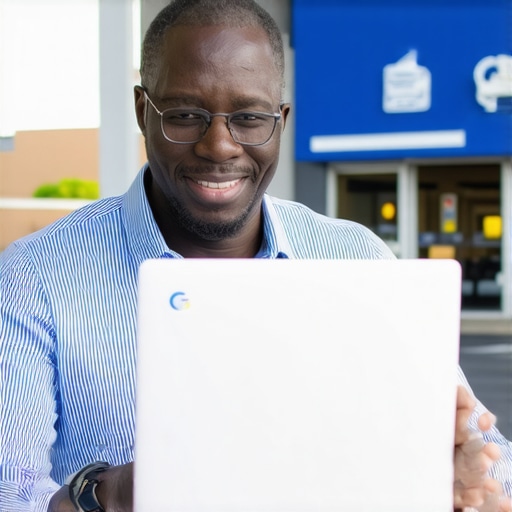 Business owner editing Google profile on laptop with Wichita storefront in background