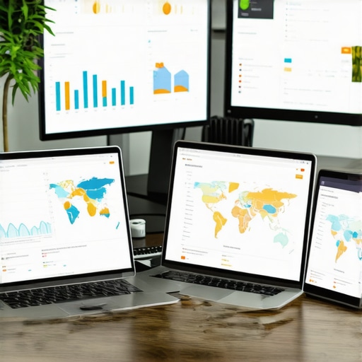 SEO Workstation with Analytics Dashboard A modern workspace featuring two computer monitors displaying SEO analytics and maps.